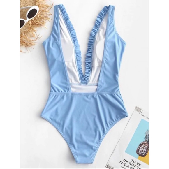 ZAFUL  nwot blue ruffle plunge one piece swimsuit xl - Picture 3 of 8